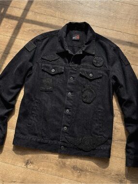 G by Guess Black Military Patch Denim Jacket